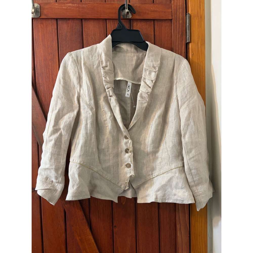 DECA Paris Linen Ruffle Blazer Beige Gold Metallic Shimmer Jacket T1 Small